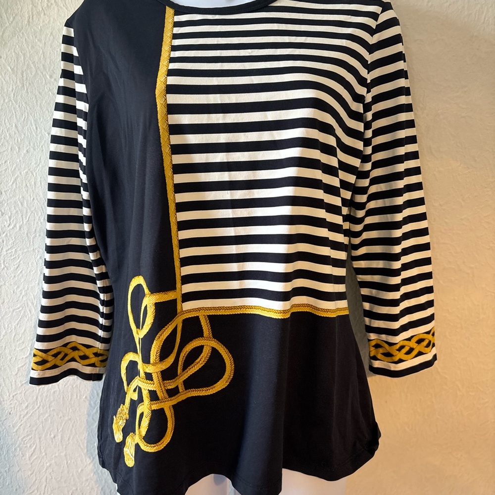J. McLaughlin Striped Navy and White Top with Gold Accents